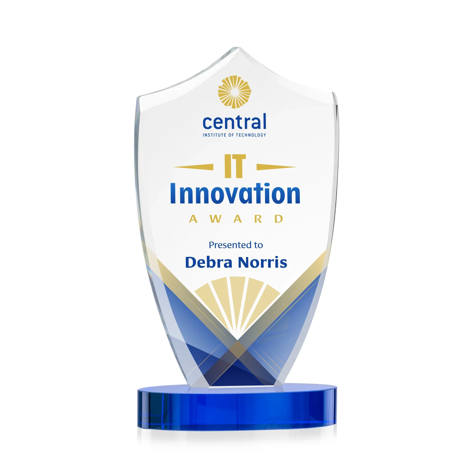 Personalized Starfire Crystal Shield Award With Deep Etch and VividPrint, awards for sales achievement awards