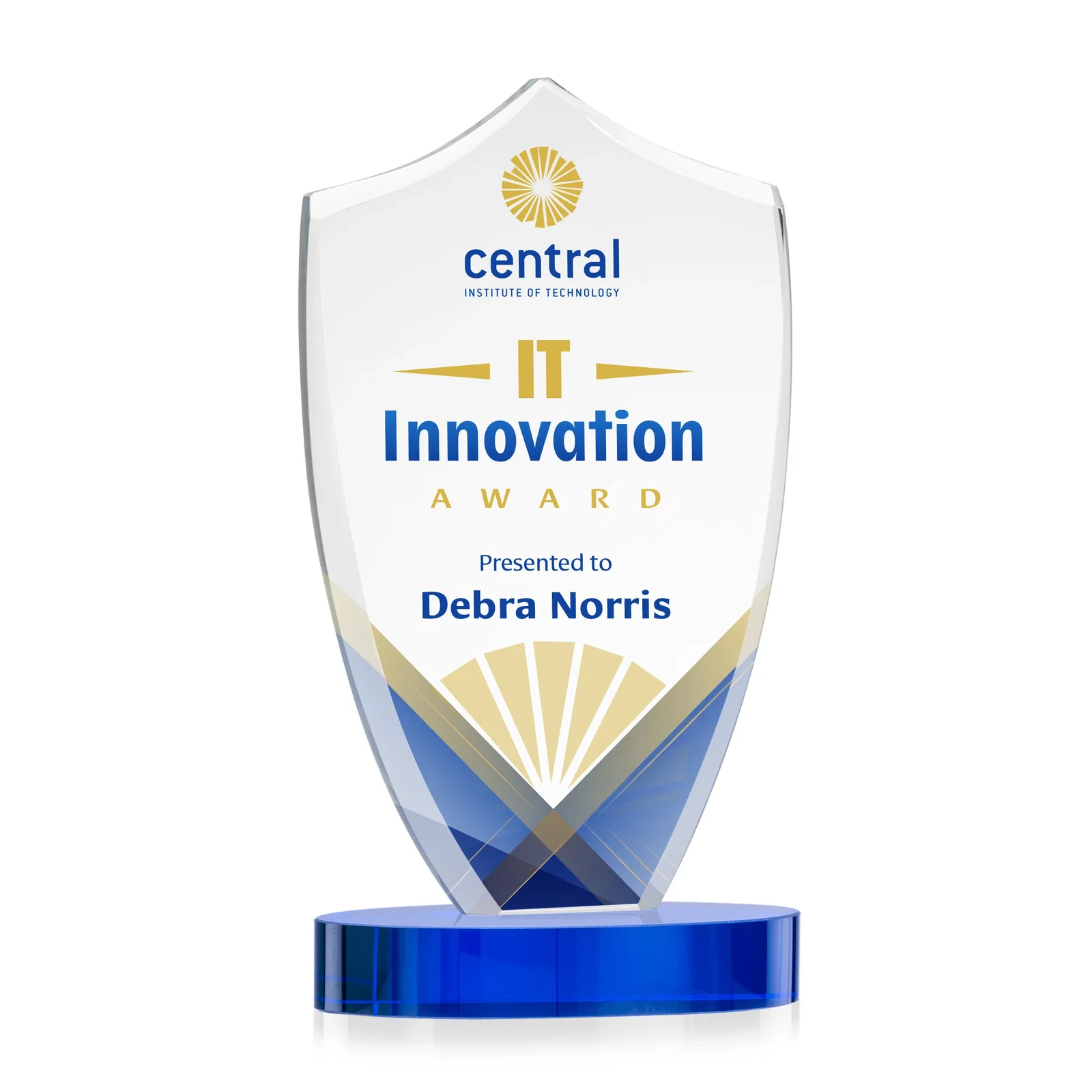 Personalized Starfire Crystal Shield Award With Deep Etch and VividPrint, awards for retirement presentations