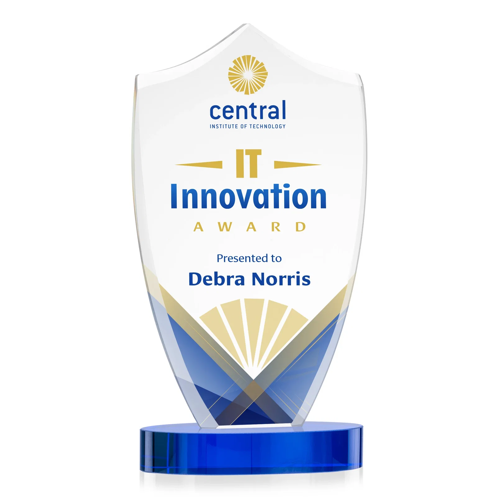 Personalized Starfire Crystal Shield Award With Deep Etch and VividPrint, awards for team milestone celebrations