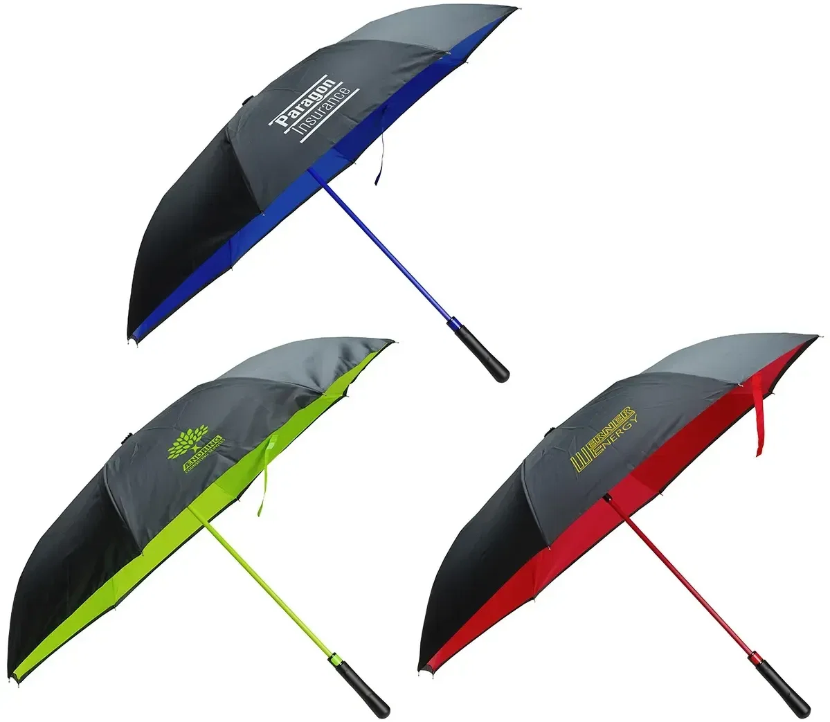Skyline two-tone inversion umbrella open, branded custom inverted canopy, front view