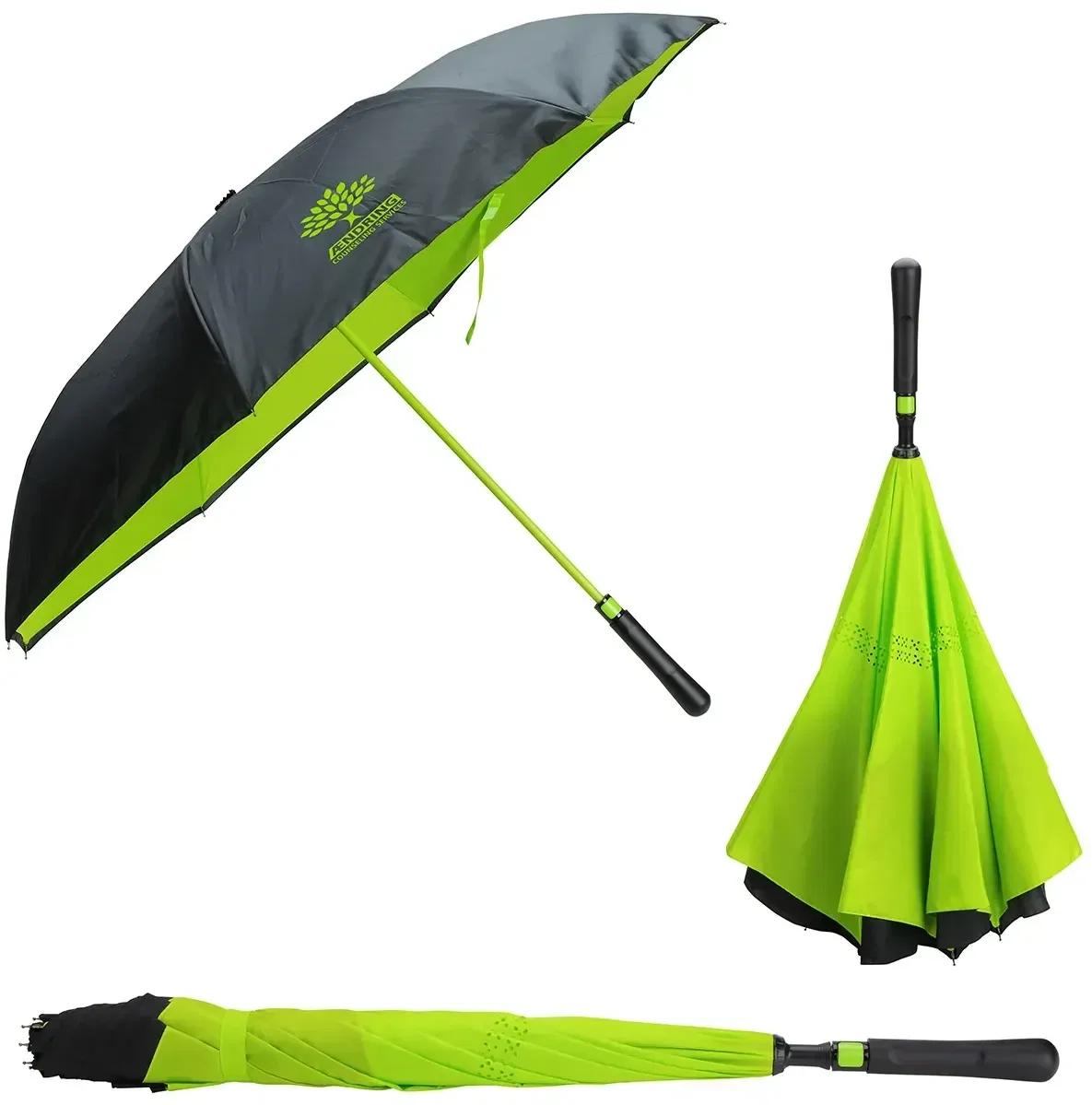 Branded Skyline inversion umbrella upright, highlighting C-shaped handle