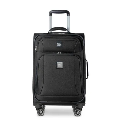 Softside carry-on spinner suitcase standing upright with telescoping handle