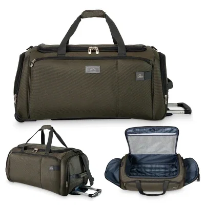 Black rolling duffel bag shown from the front with wheels