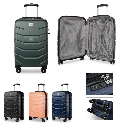 Hardside 20 inch carry-on spinner shown upright with wheels