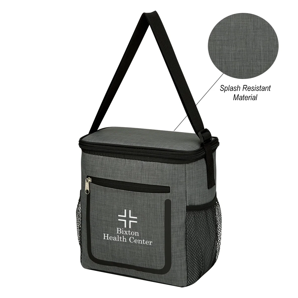 Heathered cooler lunch bag with a top handle and zip closure