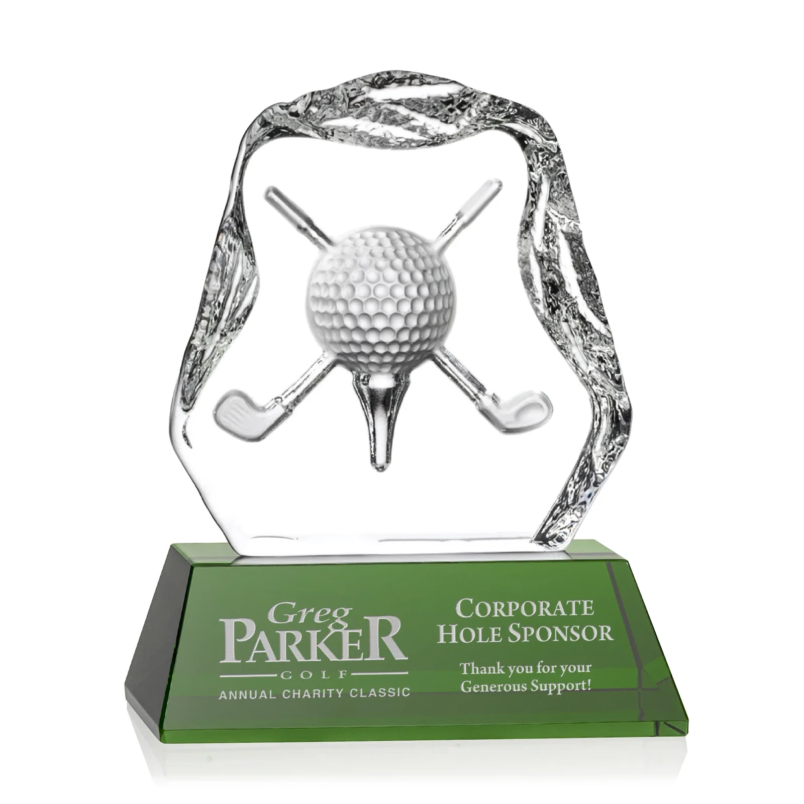 Custom Optical Crystal Iceberg Award with Deep-Relief Crossed Clubs for volunteer appreciation