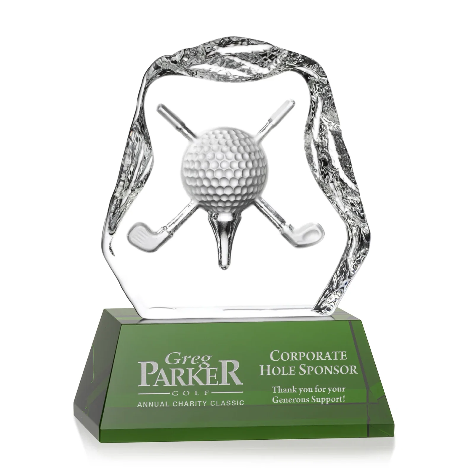 Custom Optical Crystal Iceberg Award with Deep-Relief Crossed Clubs for dealer and partner awards