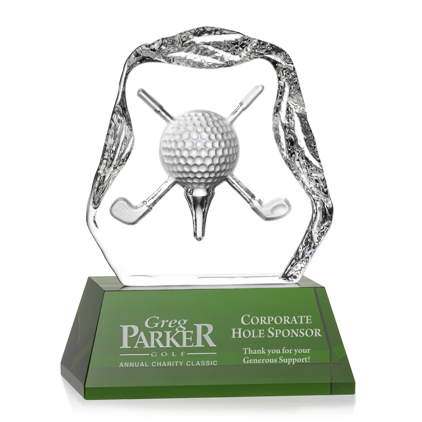 Custom Optical Crystal Iceberg Award with Deep-Relief Crossed Clubs for company anniversary events