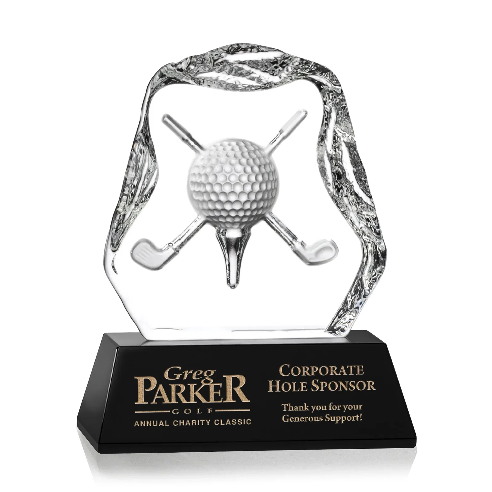 Custom Optical Crystal Iceberg Award with Deep-Relief Crossed Clubs for corporate award ceremonies