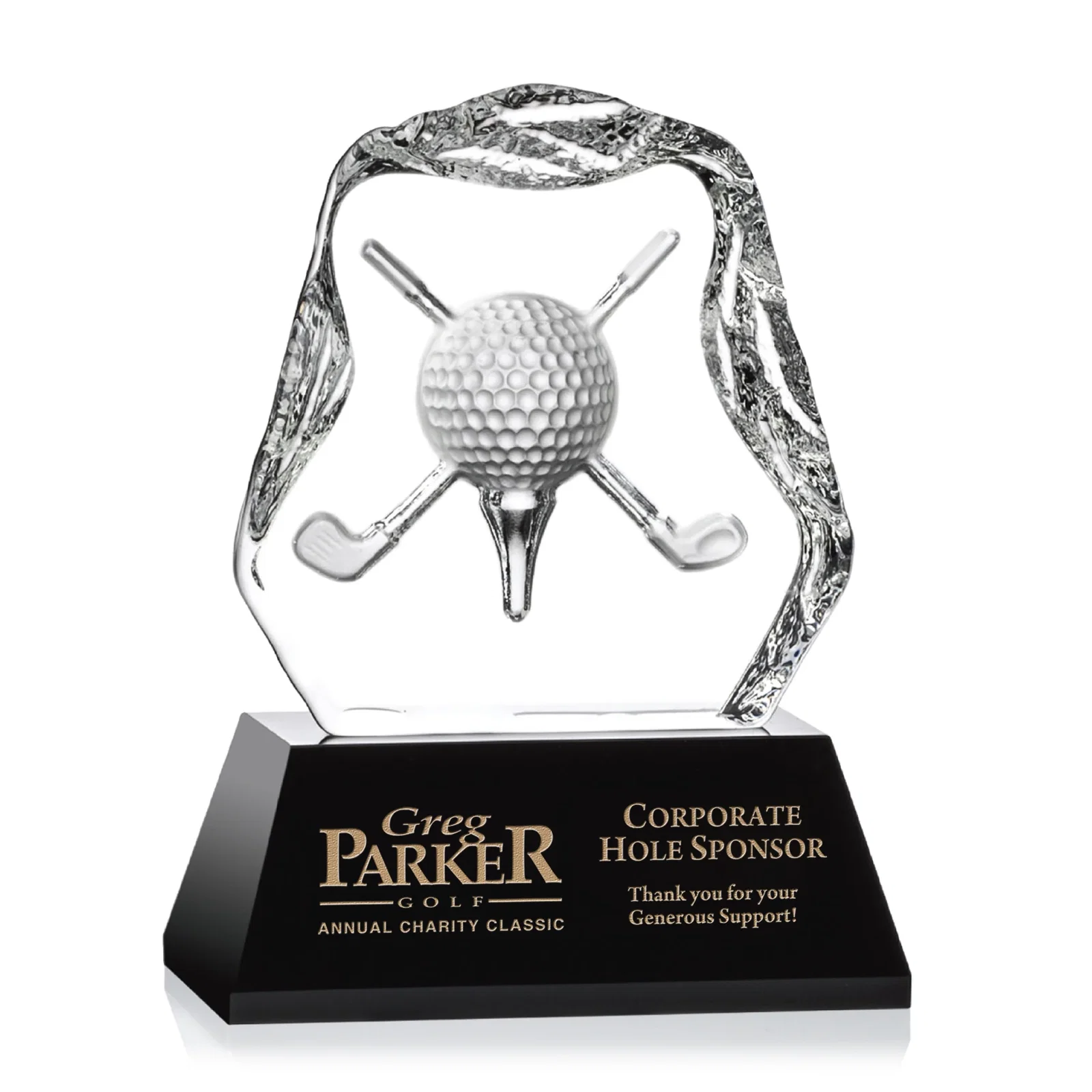 Custom Optical Crystal Iceberg Award with Deep-Relief Crossed Clubs for service anniversary gifts