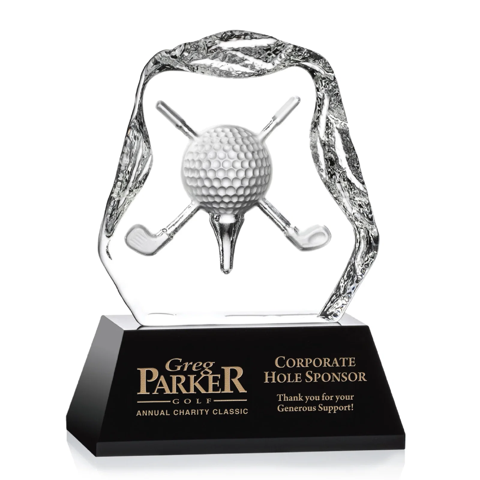 Custom Optical Crystal Iceberg Award with Deep-Relief Crossed Clubs for sales achievement awards
