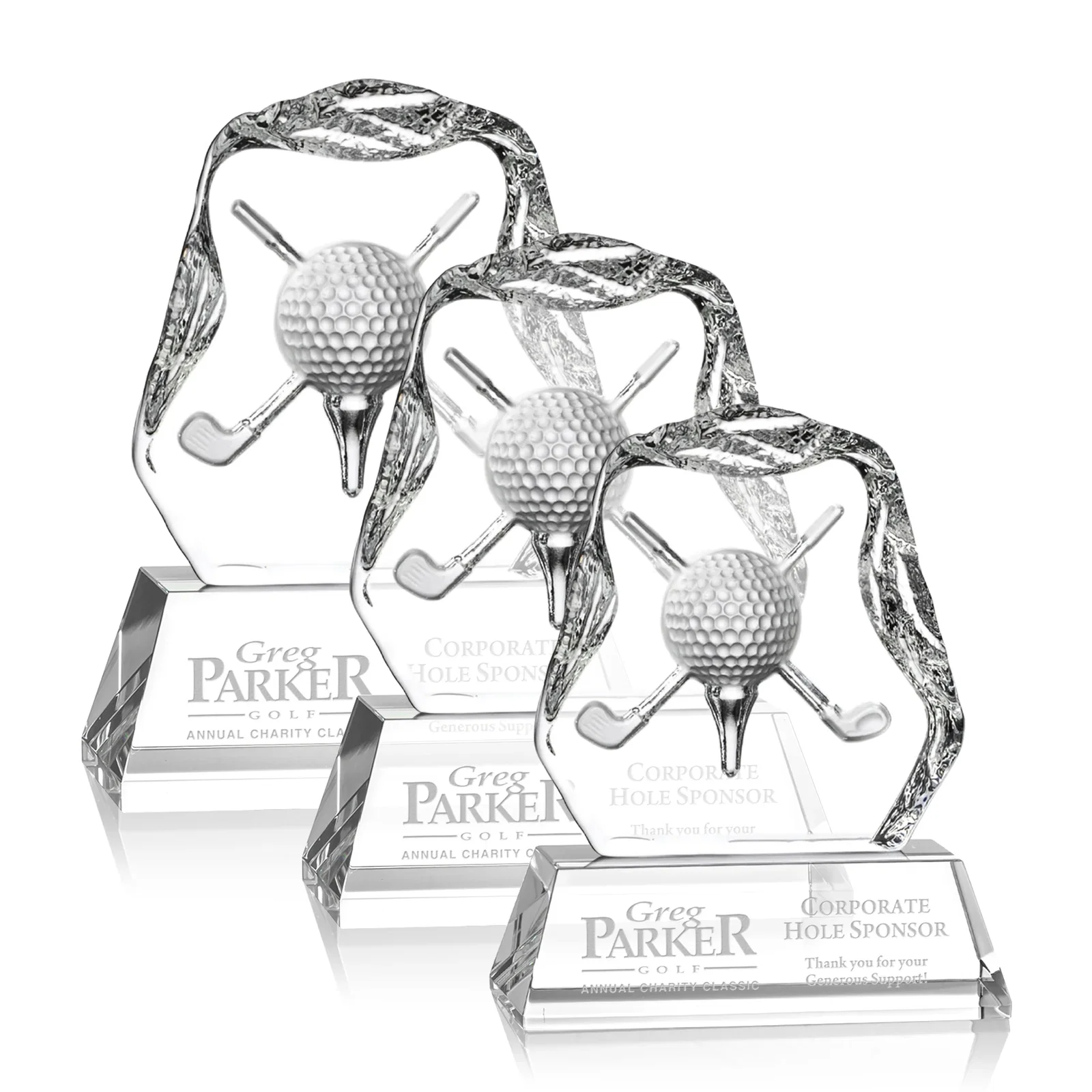 Custom Optical Crystal Iceberg Award with Deep-Relief Crossed Clubs for retirement presentations