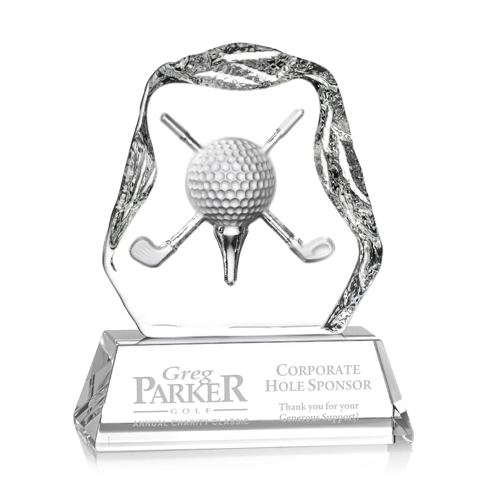 Custom Optical Crystal Iceberg Award with Deep-Relief Crossed Clubs for team milestone celebrations