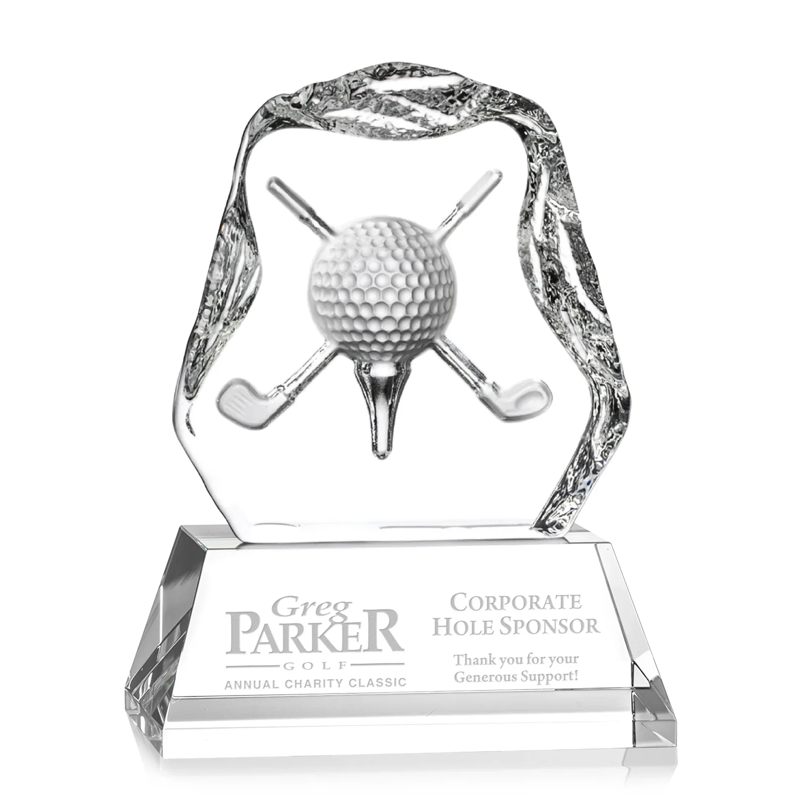 Custom Optical Crystal Iceberg Award with Deep-Relief Crossed Clubs for donor appreciation