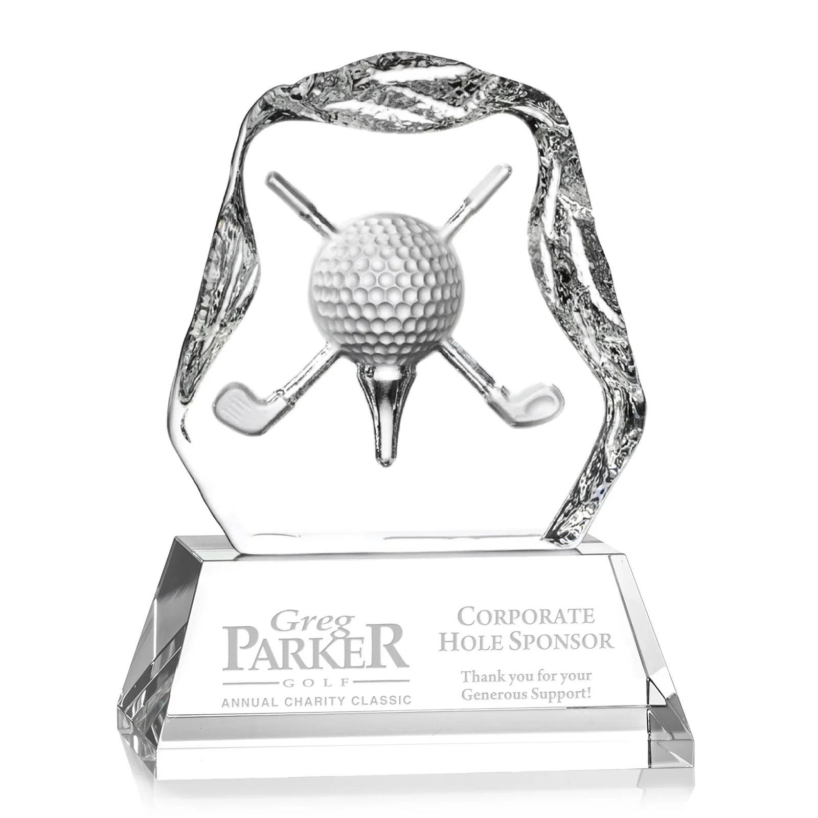Custom Optical Crystal Iceberg Award with Deep-Relief Crossed Clubs for graduation ceremonies