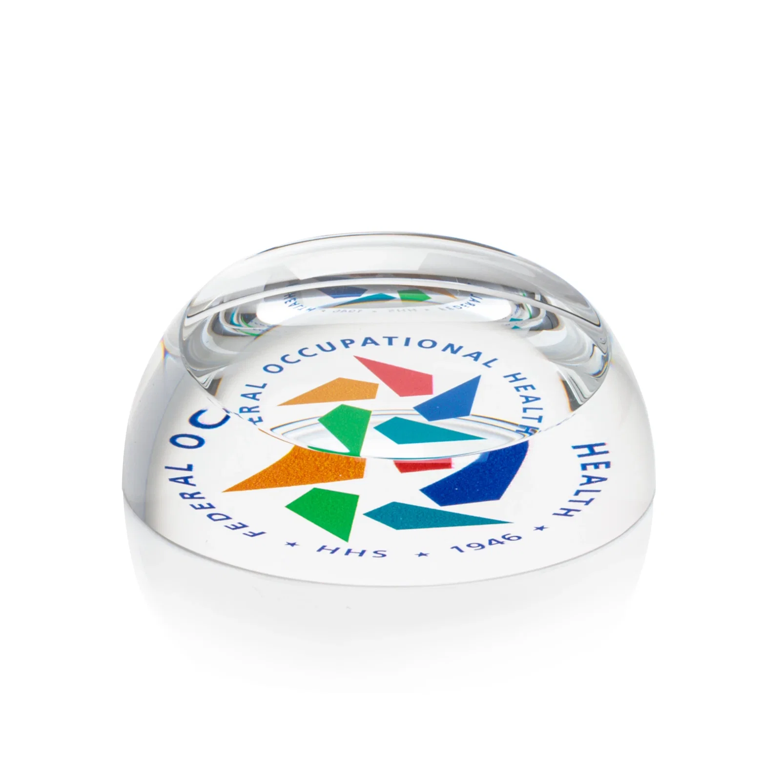 Custom Round Slant-Top Crystal Paperweight, 3.5" x 1.5", client appreciation gift for retirement presentations