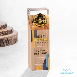 Slanted Wood Tower Tapering into an Acrylic Top