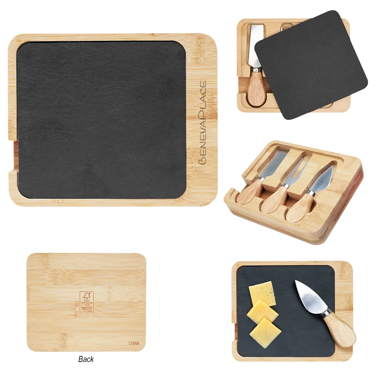 Square slate and bamboo cheese serving set measuring under seven inches