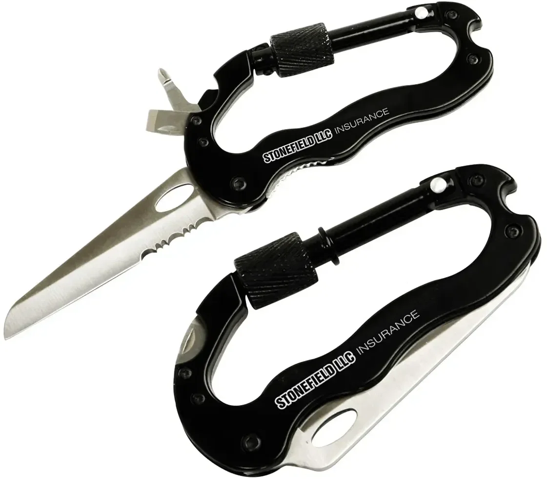 Slide-Lock Carabiner Pocket Knife, custom branded multi-tool with locking blade and screwdrivers