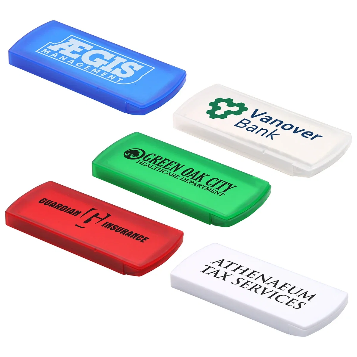 Slim plastic bandage dispenser that holds and dispenses adhesive bandages, includes 5 starter bandages