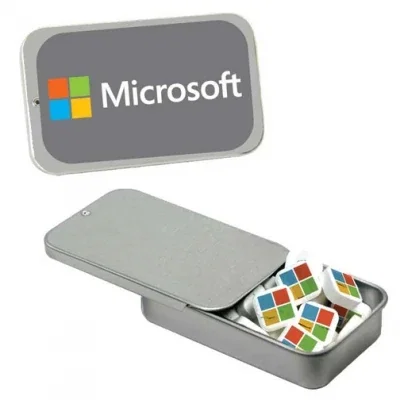 Slider tin filled with printed mints in silver or white