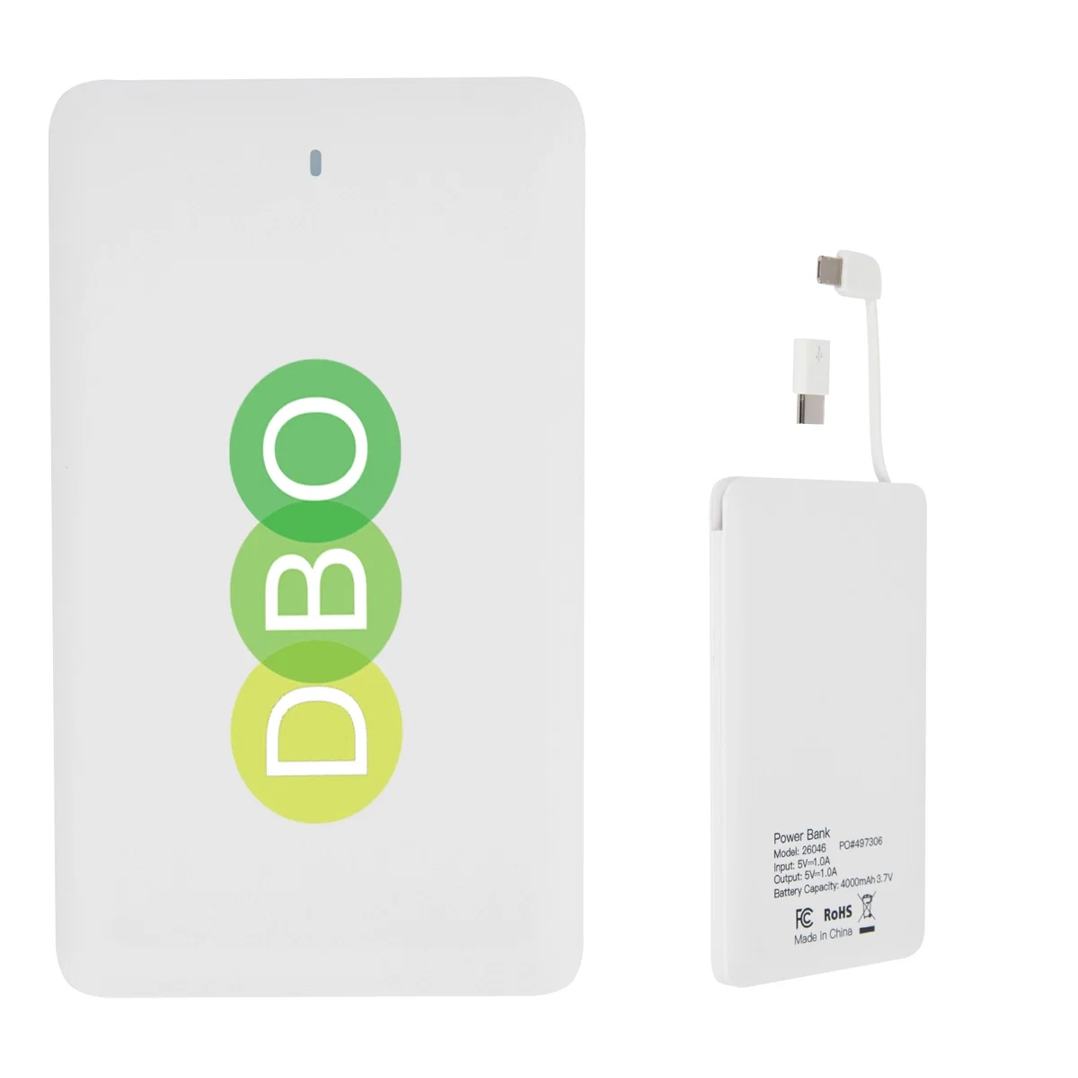 Front face of the portable battery pack shown flat