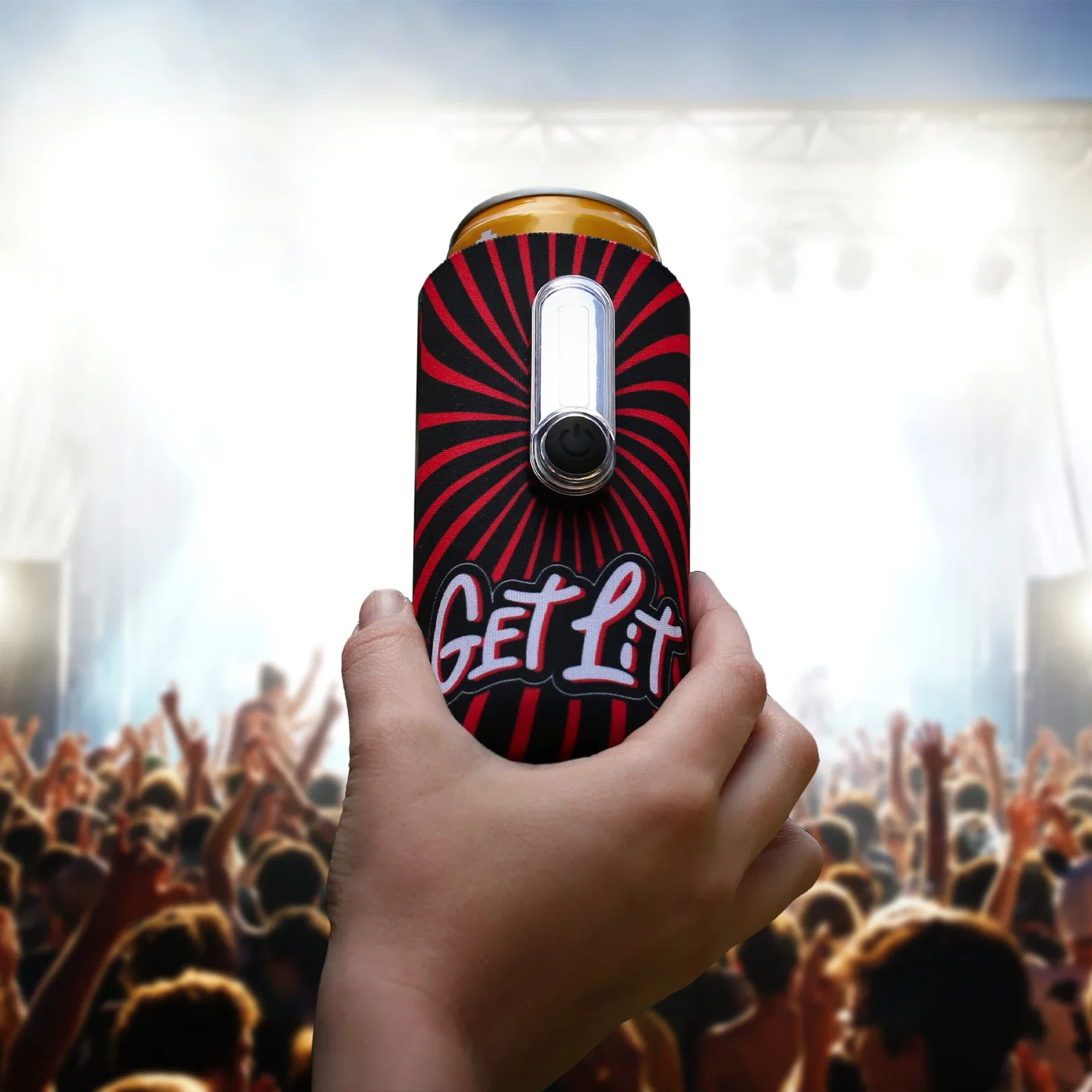 Full Color Torch Can Cooler held in hand