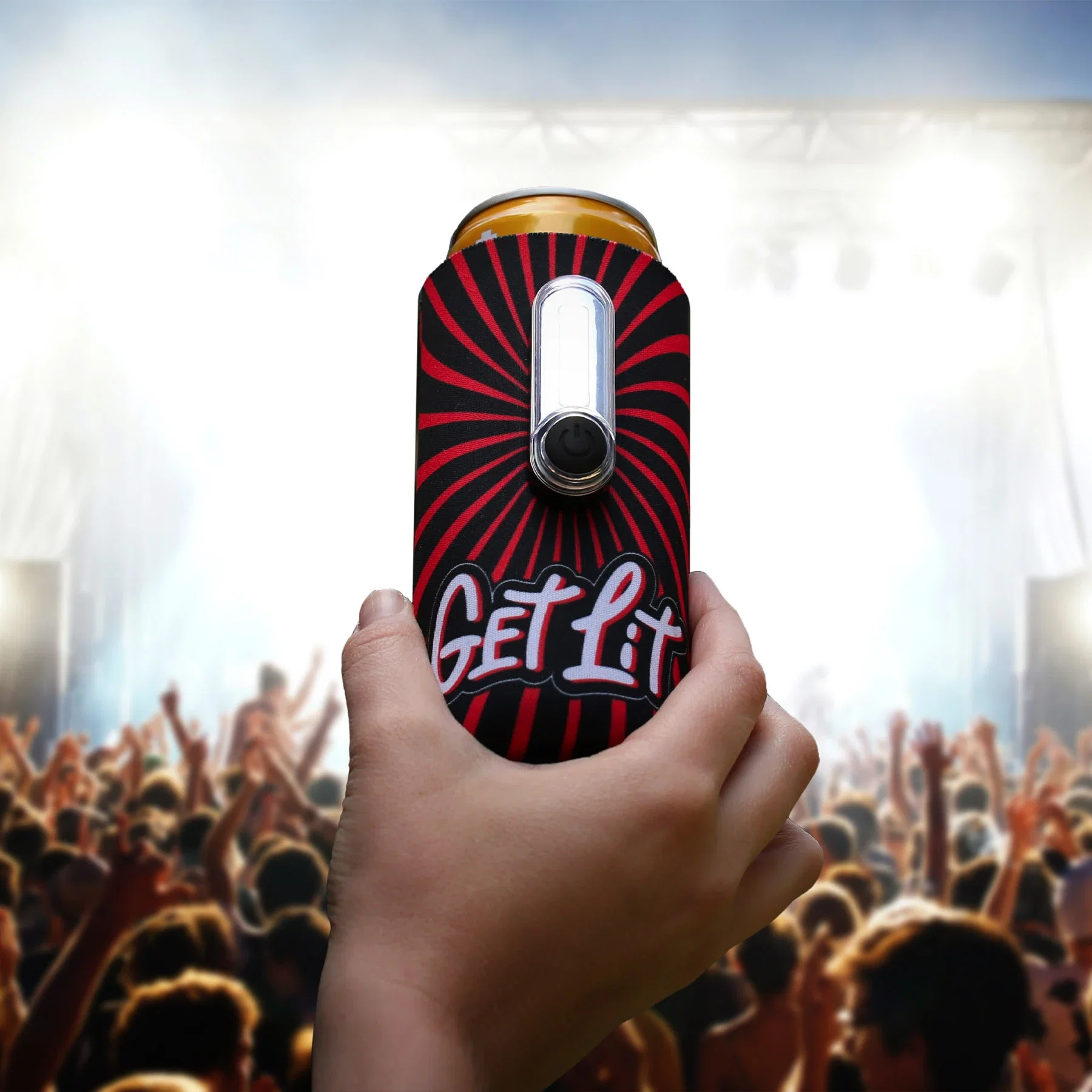 Full Color Torch Can Cooler held in hand
