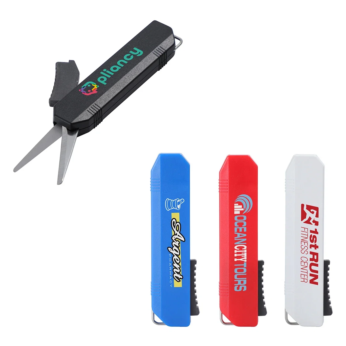 Custom Slim Trim Folding Travel Scissors, front view of the branded scissors closed