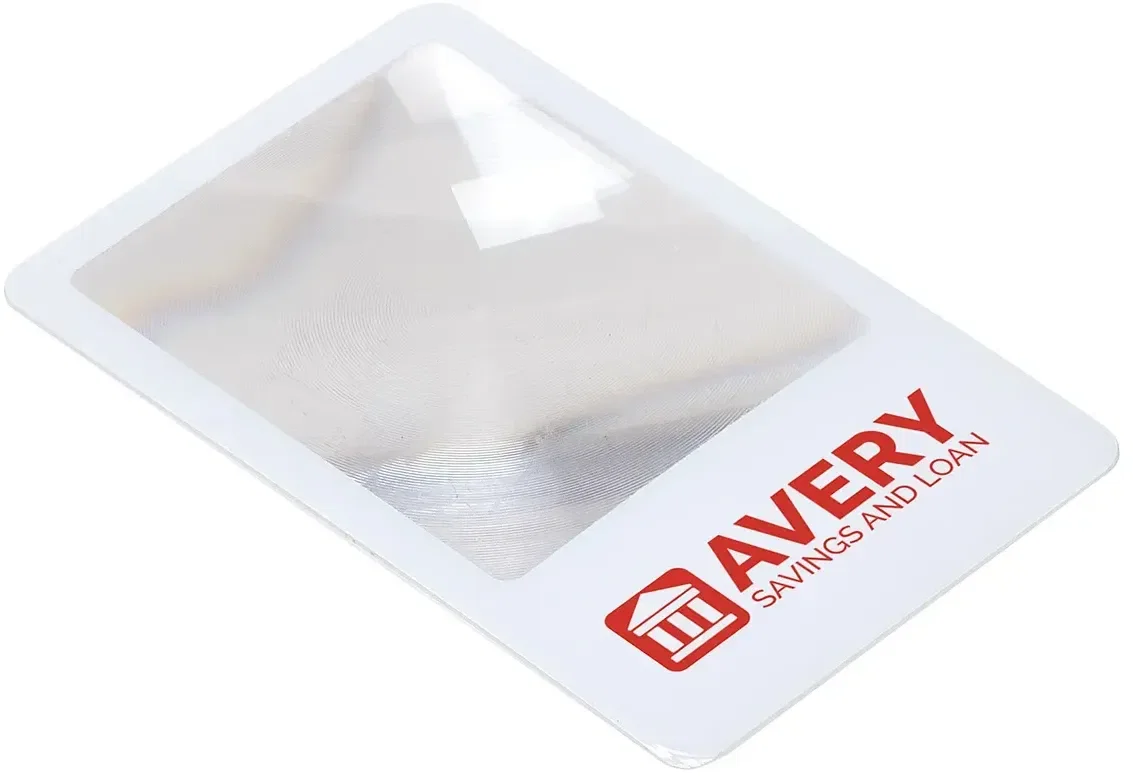 Slimcard 3X Pocket custom magnifier front view, branded wallet magnifier for pharmacies