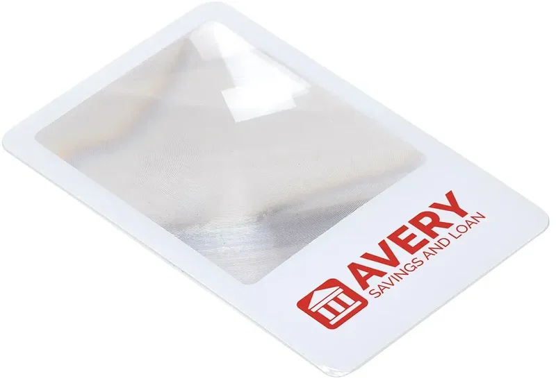 Slimcard 3X Pocket custom magnifier front view, branded wallet magnifier for pharmacies