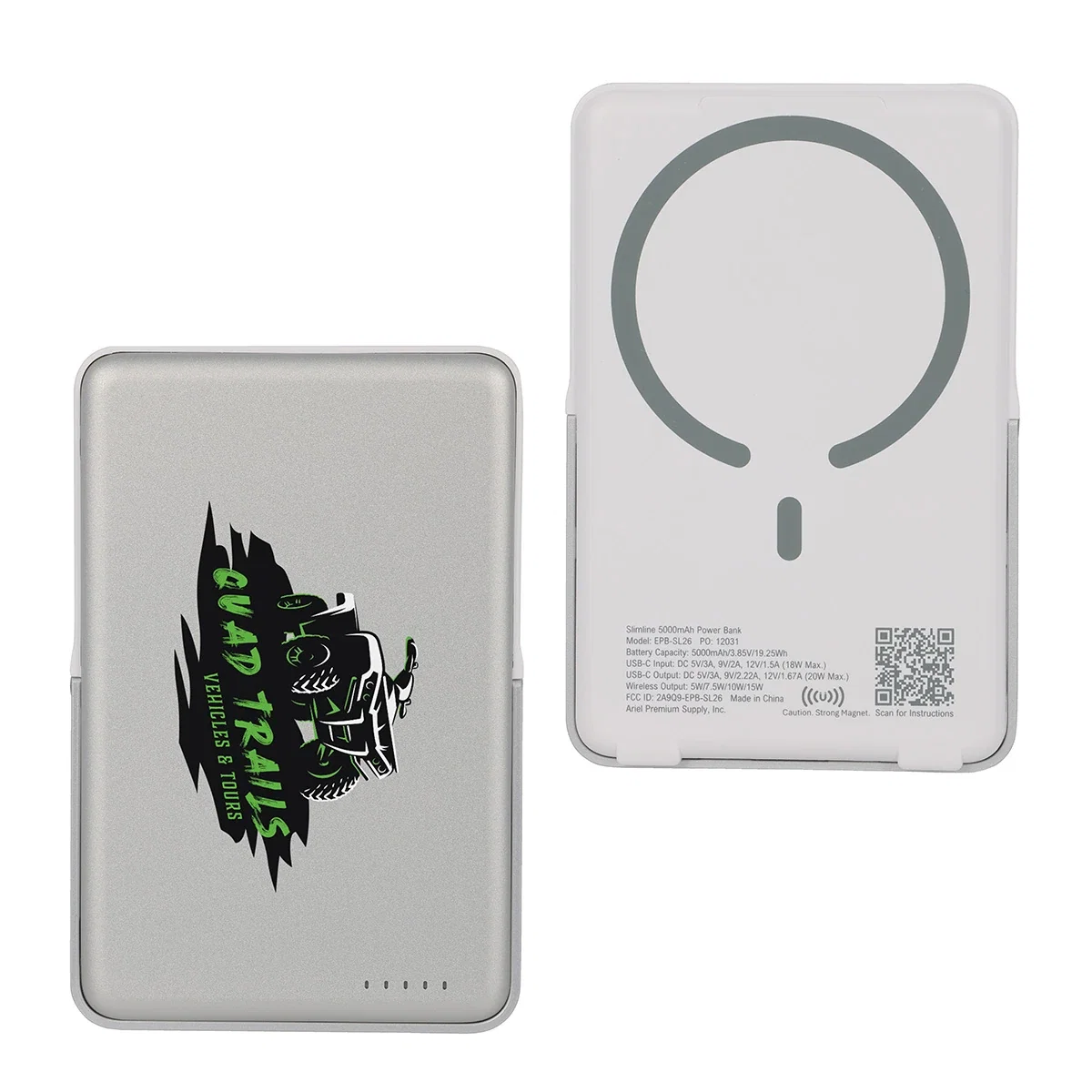 Custom Slimline power bank, front view of the branded aluminum wireless charger and stand