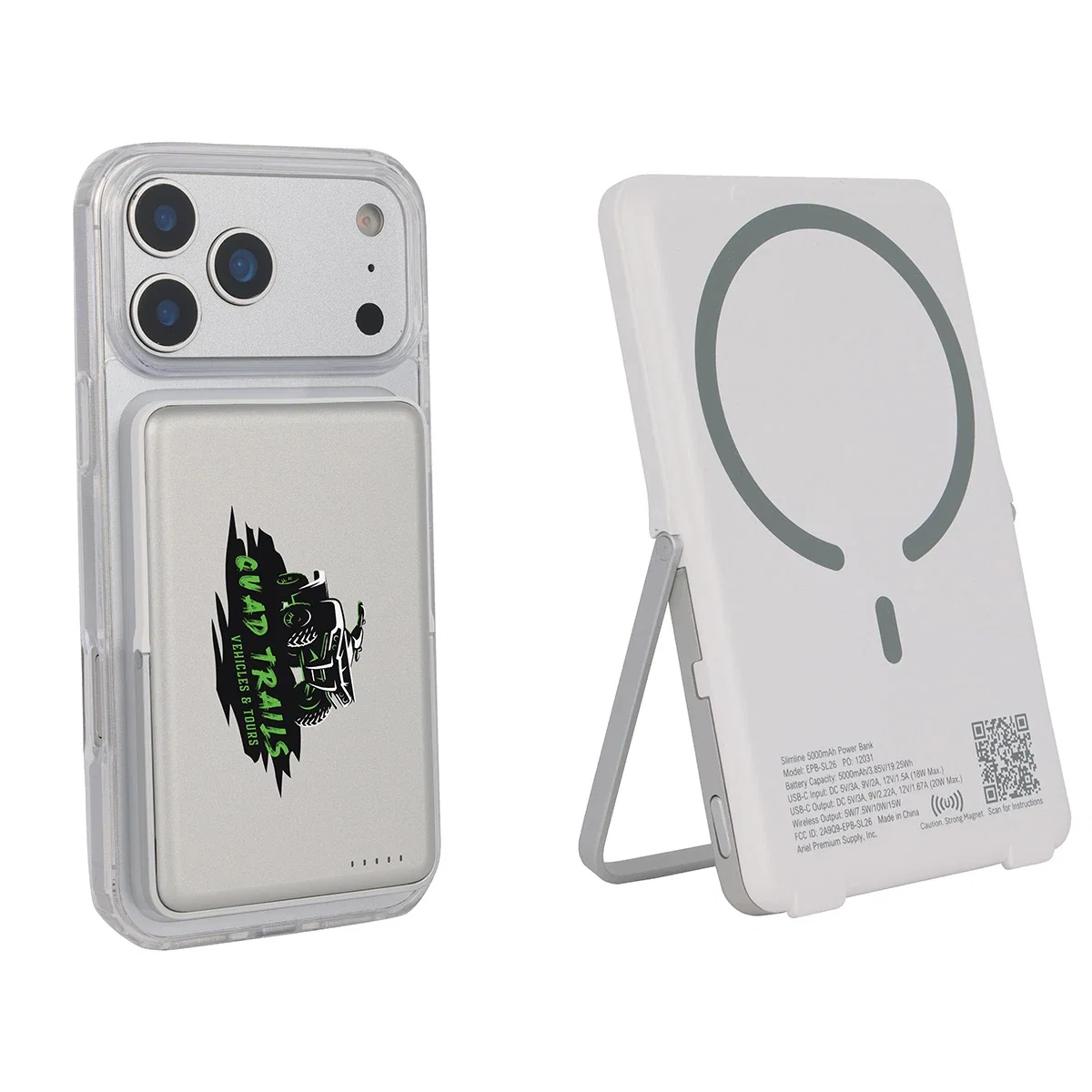 Side profile of the Slimline power bank in its folding stand position