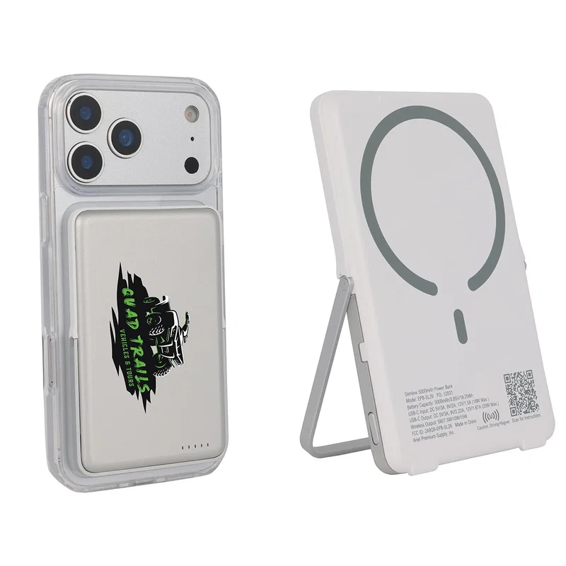 Side profile of the Slimline power bank in its folding stand position