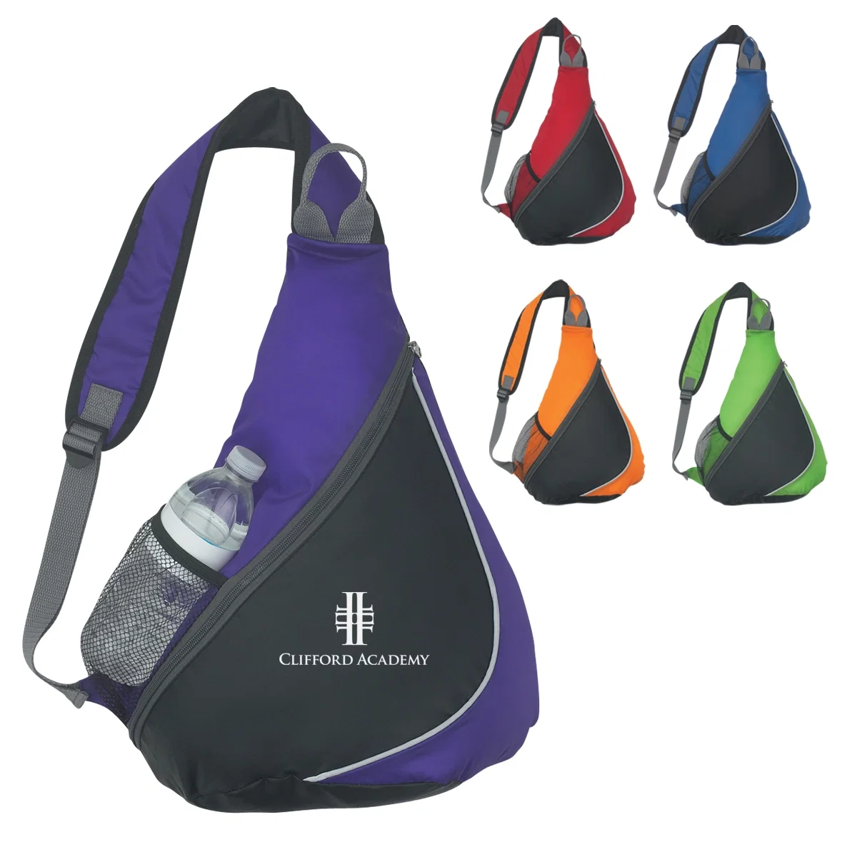 Royal blue sling backpack with black trim accents