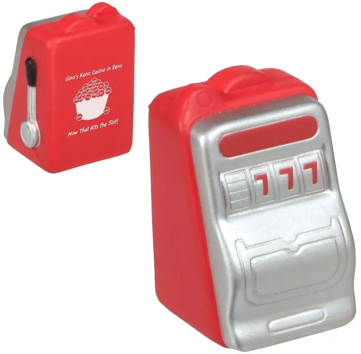 Custom Slot Machine Stress Reliever, branded foam squeeze toy shaped like a casino slot machine for logo giveaways