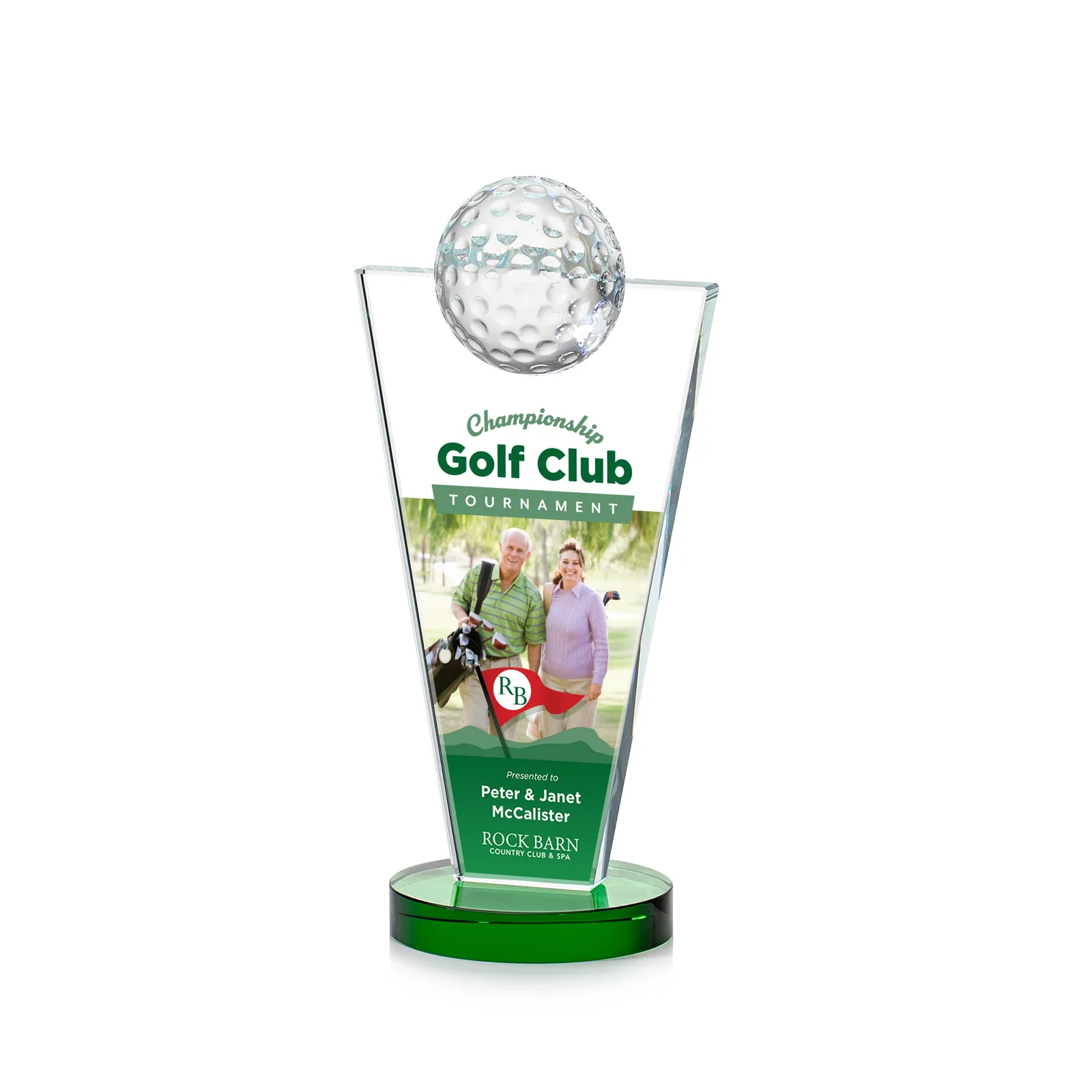 Personalized Starfire Crystal Award with Optical Ball on Tapered Pane for corporate award ceremonies