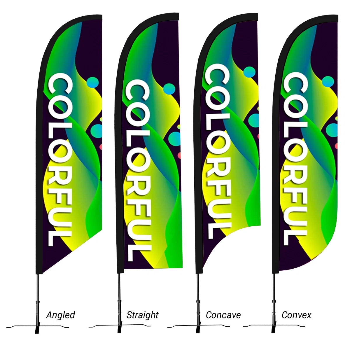 The curved top of the feather flag showing the lower edge clearly