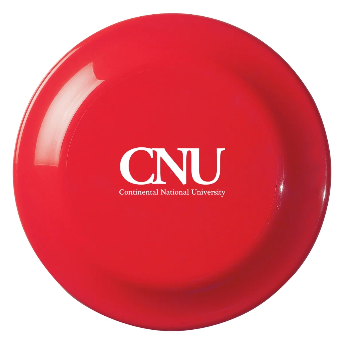 Plastic flying disc shown face up with a wide printing area