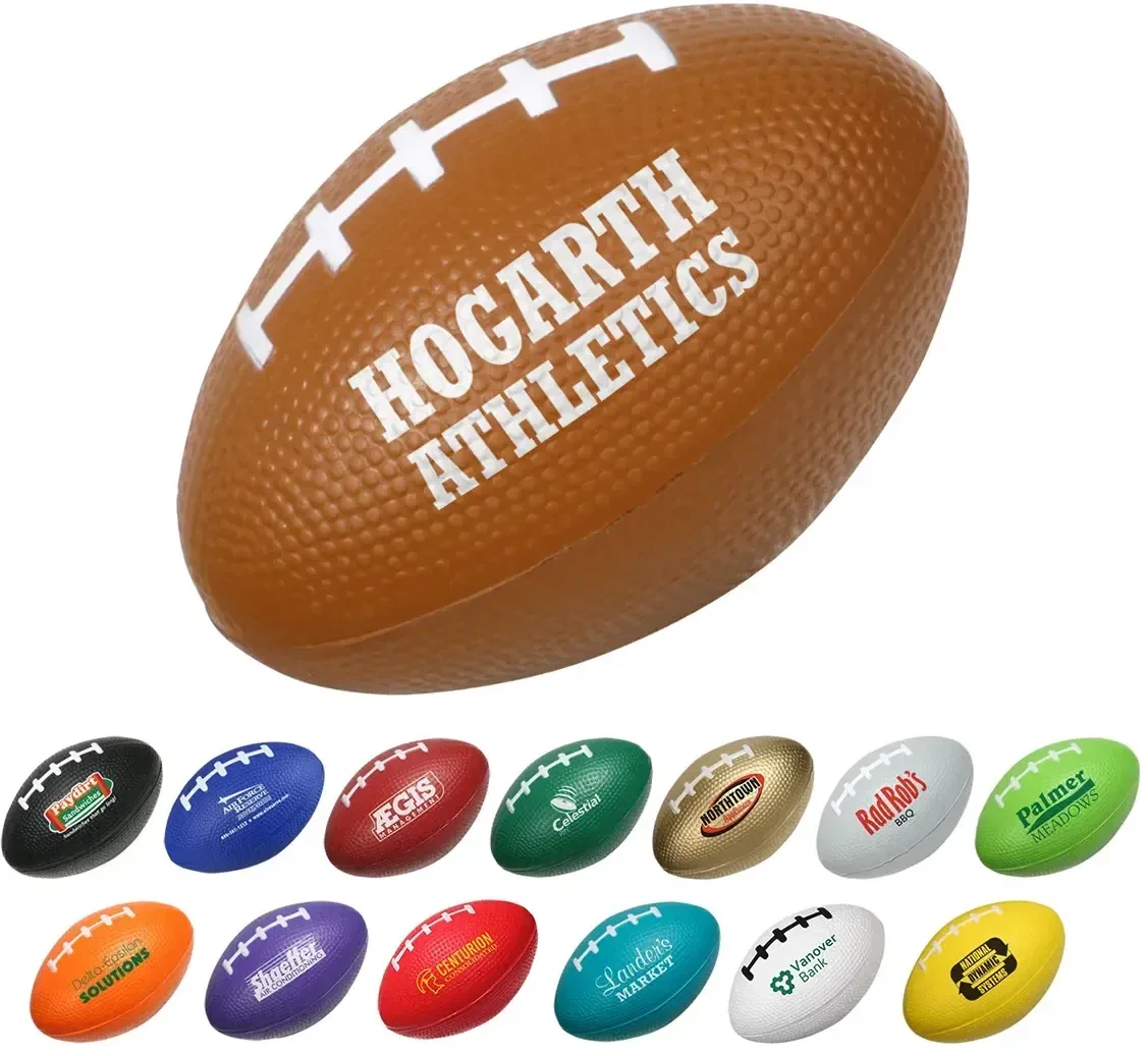 Custom Small Football Stress Reliever, front view of the branded foam football squeeze toy for logo giveaways