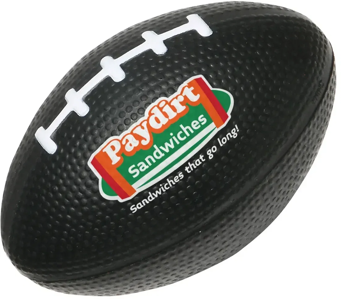Side profile of the custom Small Football Stress Reliever promotional foam squeeze toy for branded logo gifts