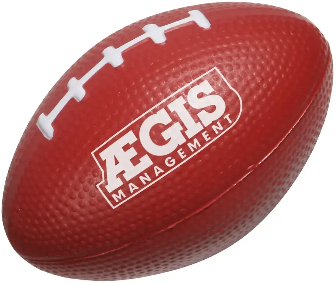 Angled view of the custom Small Football Stress Reliever foam ball for branded game-day logo giveaways