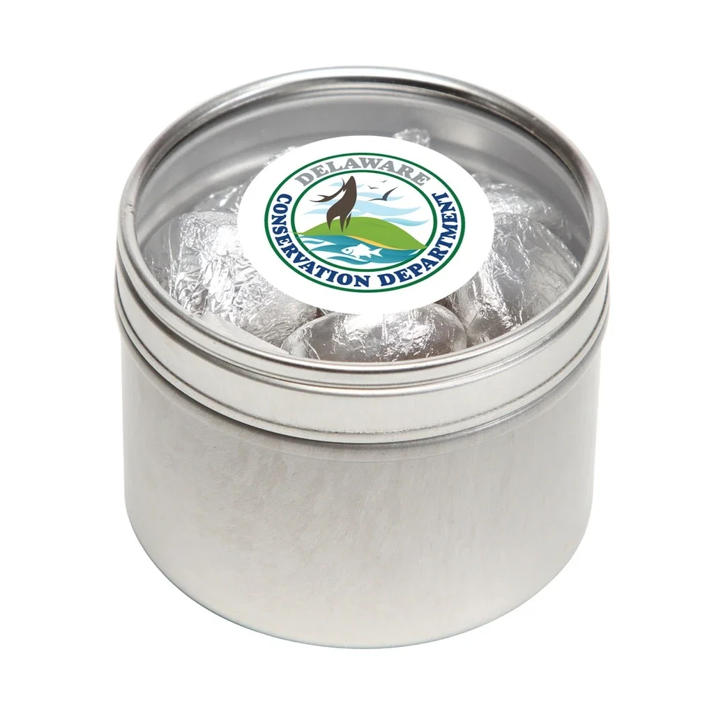 Small Round Window Tin Premium Fill — Silver,Candy Fill: Hershey's™ Kisses™