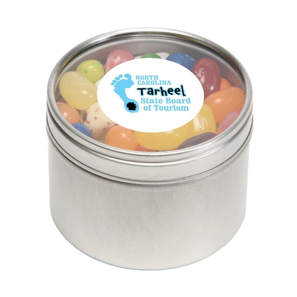 Small Round Window Tin Premium Fill — Silver,Candy Fill: Jelly Belly™ Candy — view 2