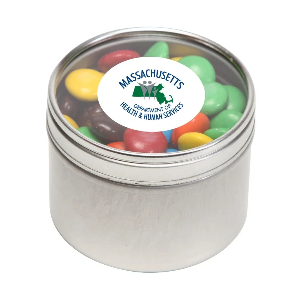 Small Round Window Tin Premium Fill — Silver,Candy Fill: M&M's™ — view 4