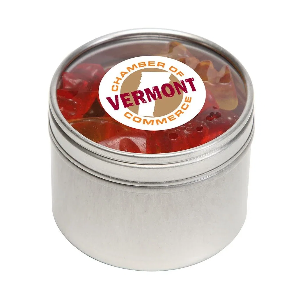 Small Round Window Tin Standard Fill — Silver,Candy Fill: Gummy Bears
