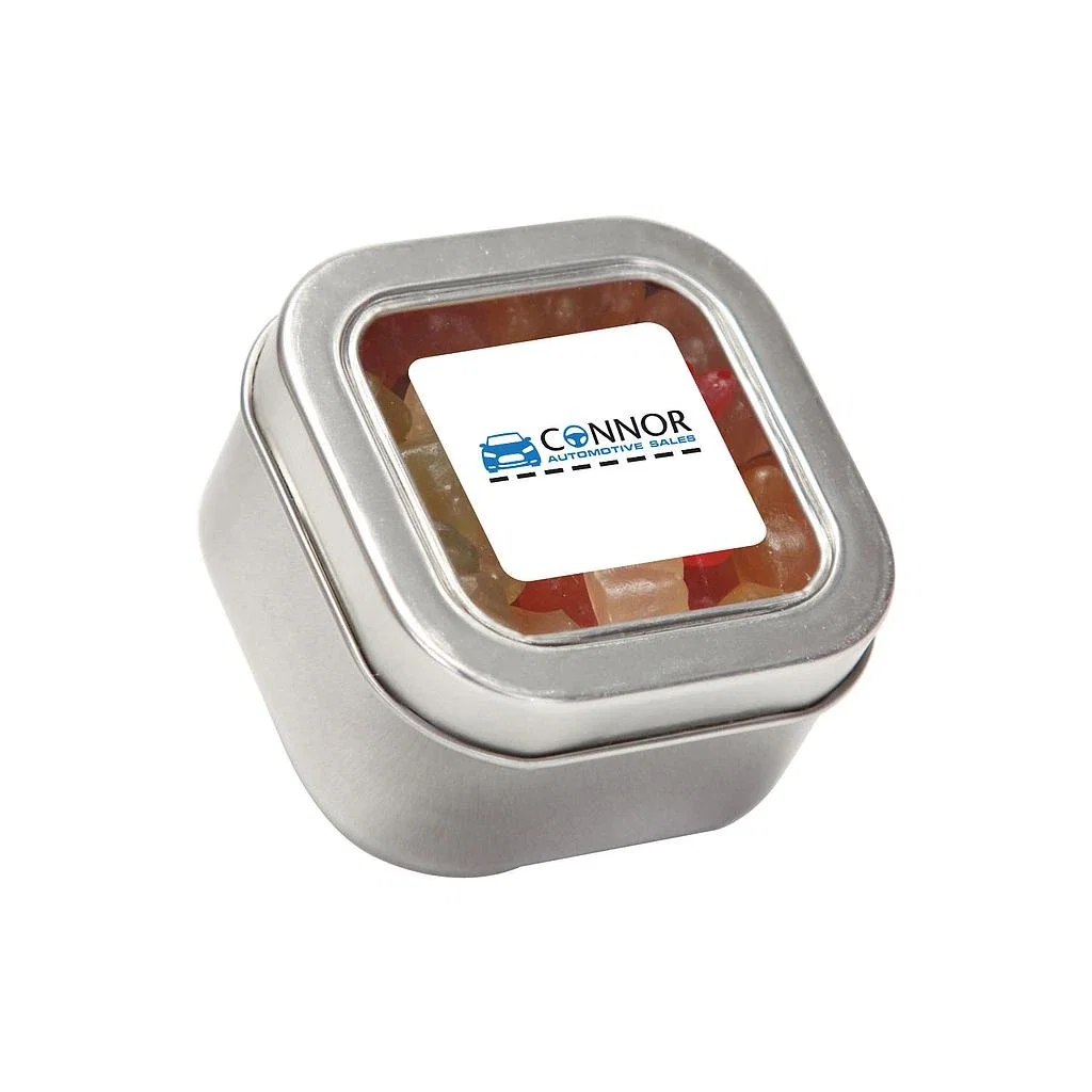 Small Square Window Tin Standard Fill — Silver,Candy Fill: Gummy Bears