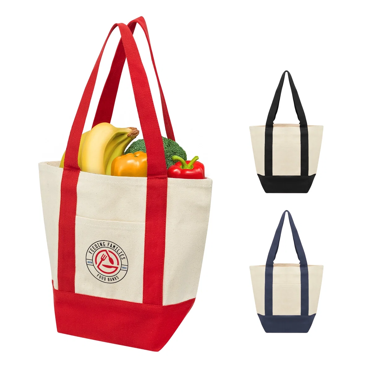 Recycled cotton canvas tote standing upright with both handles raised