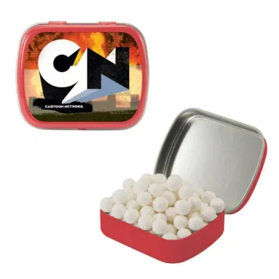 Rectangular candy tin measuring just under two inches wide