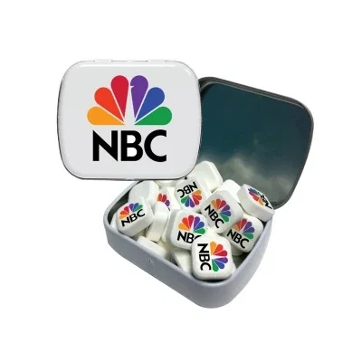 Small candy container holding individually branded mint pieces